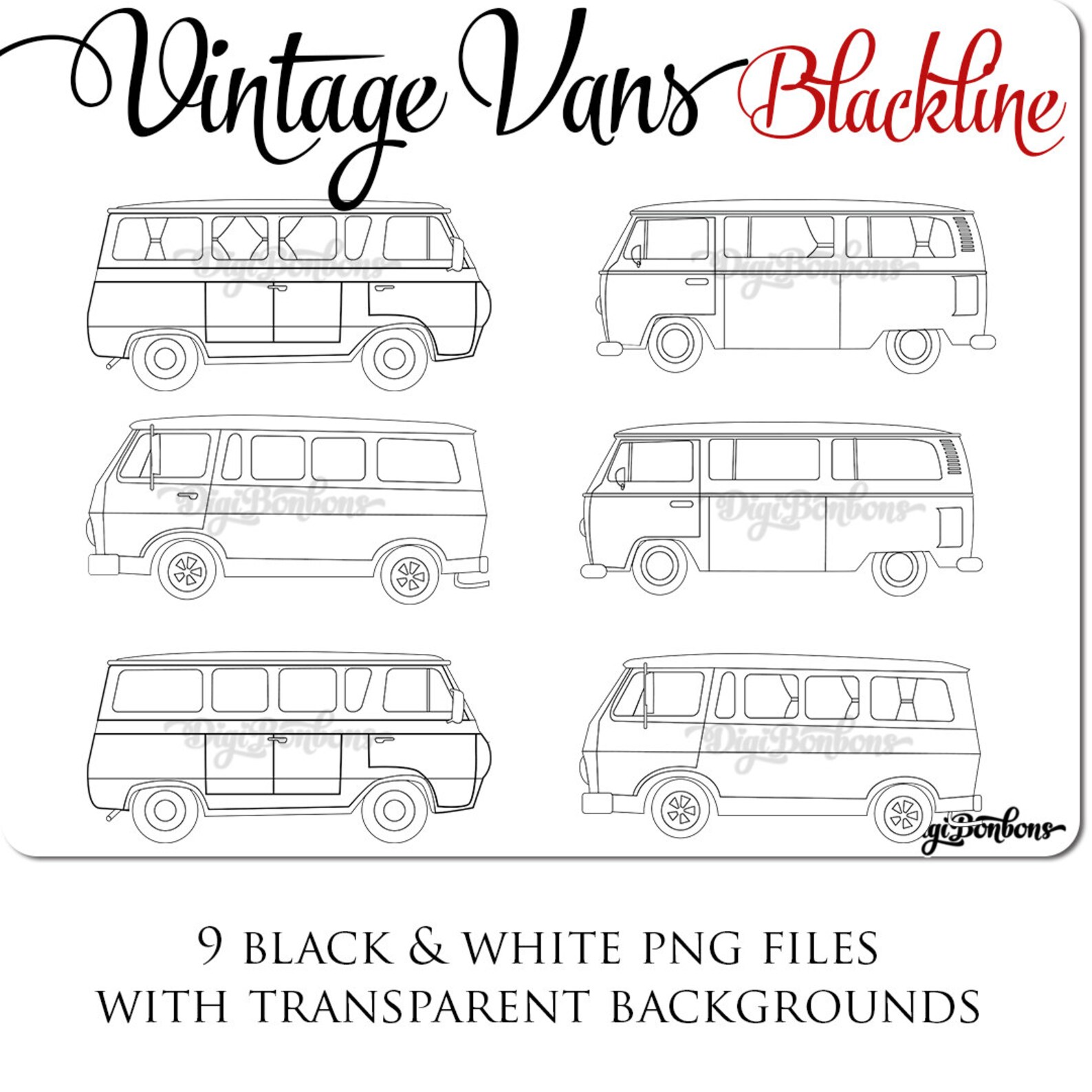 Vintage Van Blackline Clipart INSTANT DOWNLOAD Black White Etsy