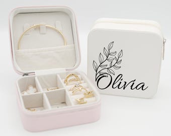 Personalisierte Schmuckschatulle mit Name und Blume, individuelle Reise Schmuckschatulle, Brautjungfer Geschenk, Geburtstagsgeschenk für Frauen, Brautjungfer Vorschlag, Andenken