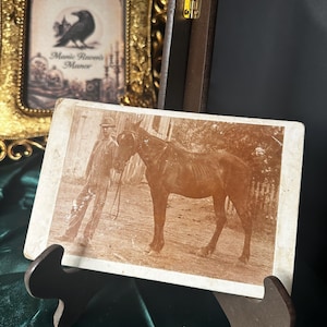 May include: An antique sepia-toned photograph of a man and a horse, displayed on a wooden easel. The photograph is propped up in front of a gold ornate framed picture with the text "Marie Raven's Manor".
