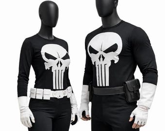 Inspired By The Punisher | Black Skull Vigilante Costume Set – Stretch Fabric Suit with Leather Belt, Boots & Gloves