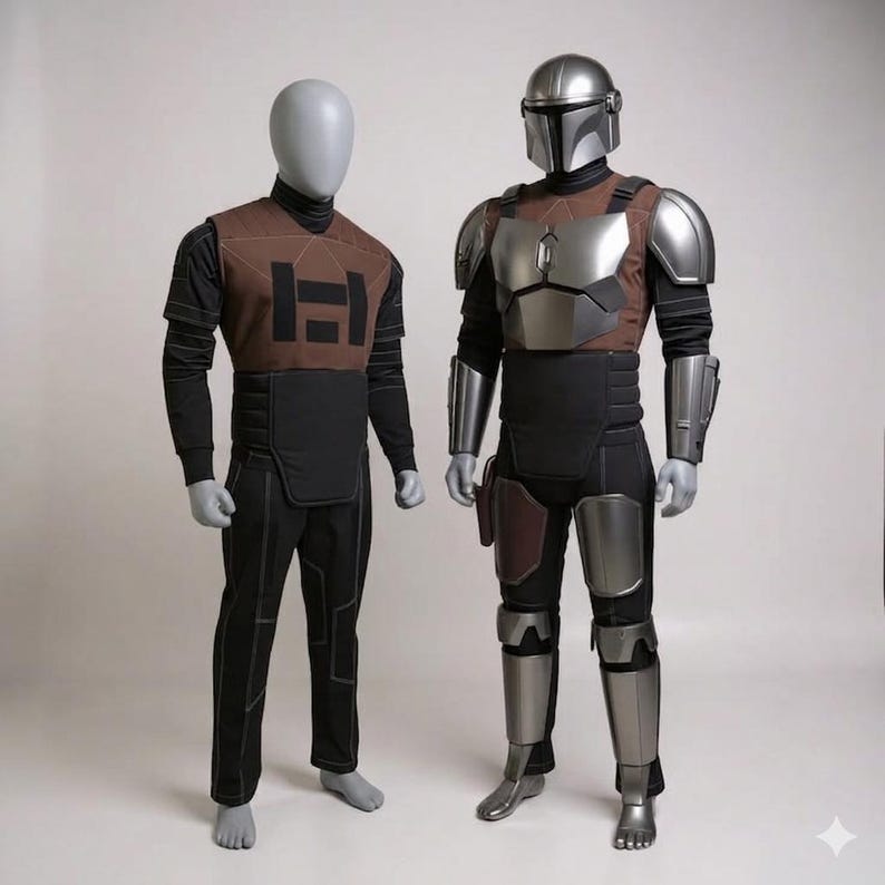 May include: Two mannequins displaying costume sets. One wears a brown and black tactical-style outfit with a geometric chest emblem. The other wears a full suit of silver metallic armor, including a helmet, chest plate, shoulder guards, and leg armor.