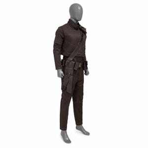 May include: A brown costume displayed on a mannequin. The outfit includes a jacket, pants, belt with pouches, and a shoulder strap. The jacket has long sleeves and a high collar. The pants are straight-legged. The costume is made of a dark brown material.