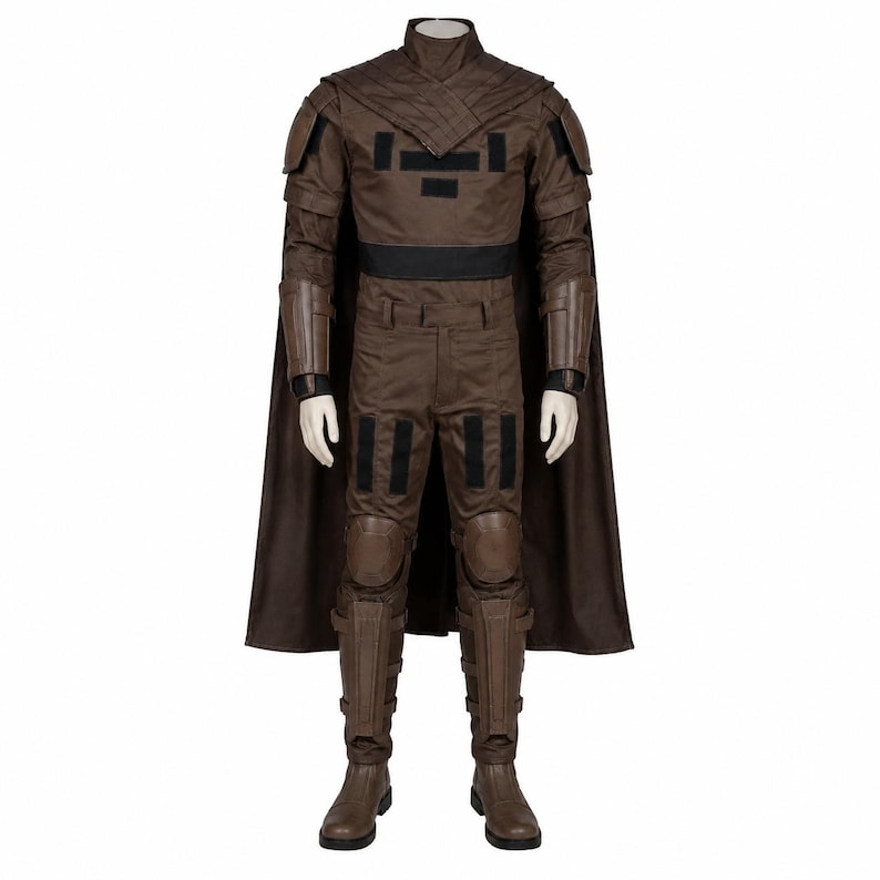 May include: A brown costume with a high collar, shoulder pads, and a cape. The outfit includes a jacket, pants, and boots. Black accents are visible on the chest, waist, and knees. The costume is designed for cosplay or themed events.