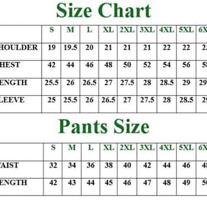 May include: A size chart for suits and pants, with measurements in inches. The chart includes sizes S to 6XL, detailing shoulder, chest, length, and sleeve measurements for jackets, and waist and length for pants.