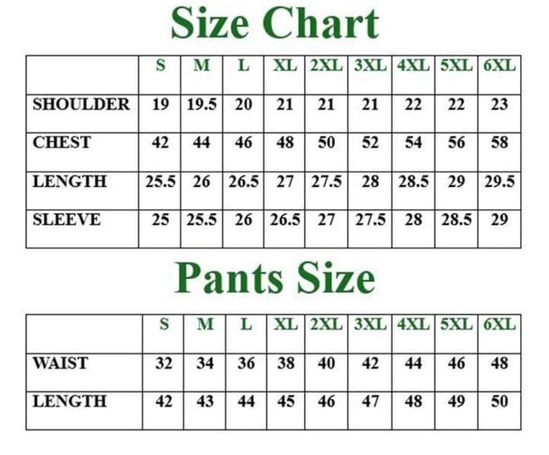 May include: A size chart for suits and pants, with measurements in inches. The chart includes sizes S to 6XL, detailing shoulder, chest, length, and sleeve measurements for jackets, and waist and length for pants.