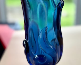 Vintage Blue Swung Art Glass Vase | Mid-Century Modern Pedestal Vase with Molded Scroll Detail & Ruffled Rim | Retro Home Decor