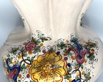 Vintage Hand-Painted Italian Deruta Ruffled Vase – Floral Majolica Faience with Peacock