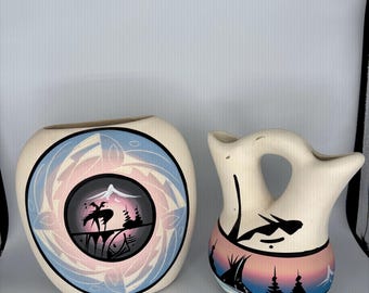 Juego de jarrones de cerámica Sage Bison para bodas de estilo suroeste / Siluetas de Kokopelli y Pueblo pintadas a mano / Arte artesanal de estudio en las Montañas Humeantes