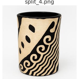 May include: A cylindrical ceramic vase with a black interior and a beige exterior. The exterior is decorated with black geometric patterns, including curved lines and oval shapes. The vase has a modern, artistic design.