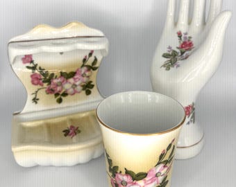 Vintage Limoges France Porcelain Vanity Set, 3-Piece Rose Bathroom Set, Wall Mount Toothbrush Soap Holder, Tumbler Cup, Jewelry Hand Display