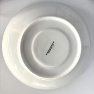 May include: A white ceramic plate with a wide rim and a slightly recessed center. The underside of the plate has a circular indentation and text that reads "SAUCER FOR DECORATIVE USE NOT FOR FOOD USE".