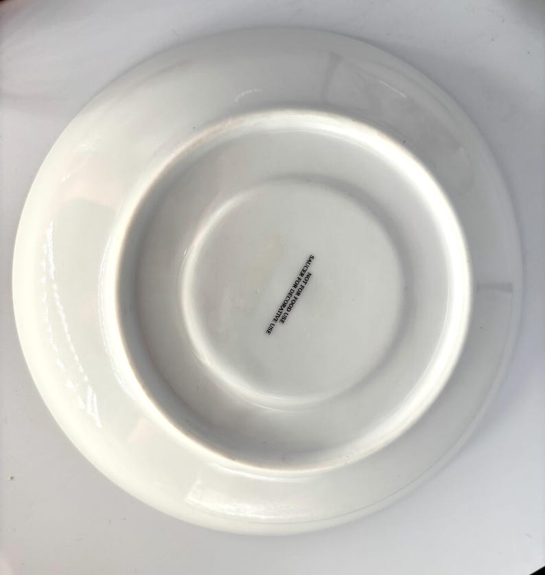May include: A white ceramic plate with a wide rim and a slightly recessed center. The underside of the plate has a circular indentation and text that reads "SAUCER FOR DECORATIVE USE NOT FOR FOOD USE".