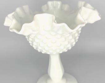 Fenton White Milk Glass Hobnail Compote Bowl, Ruffled Edge Pedestal Candy Dish