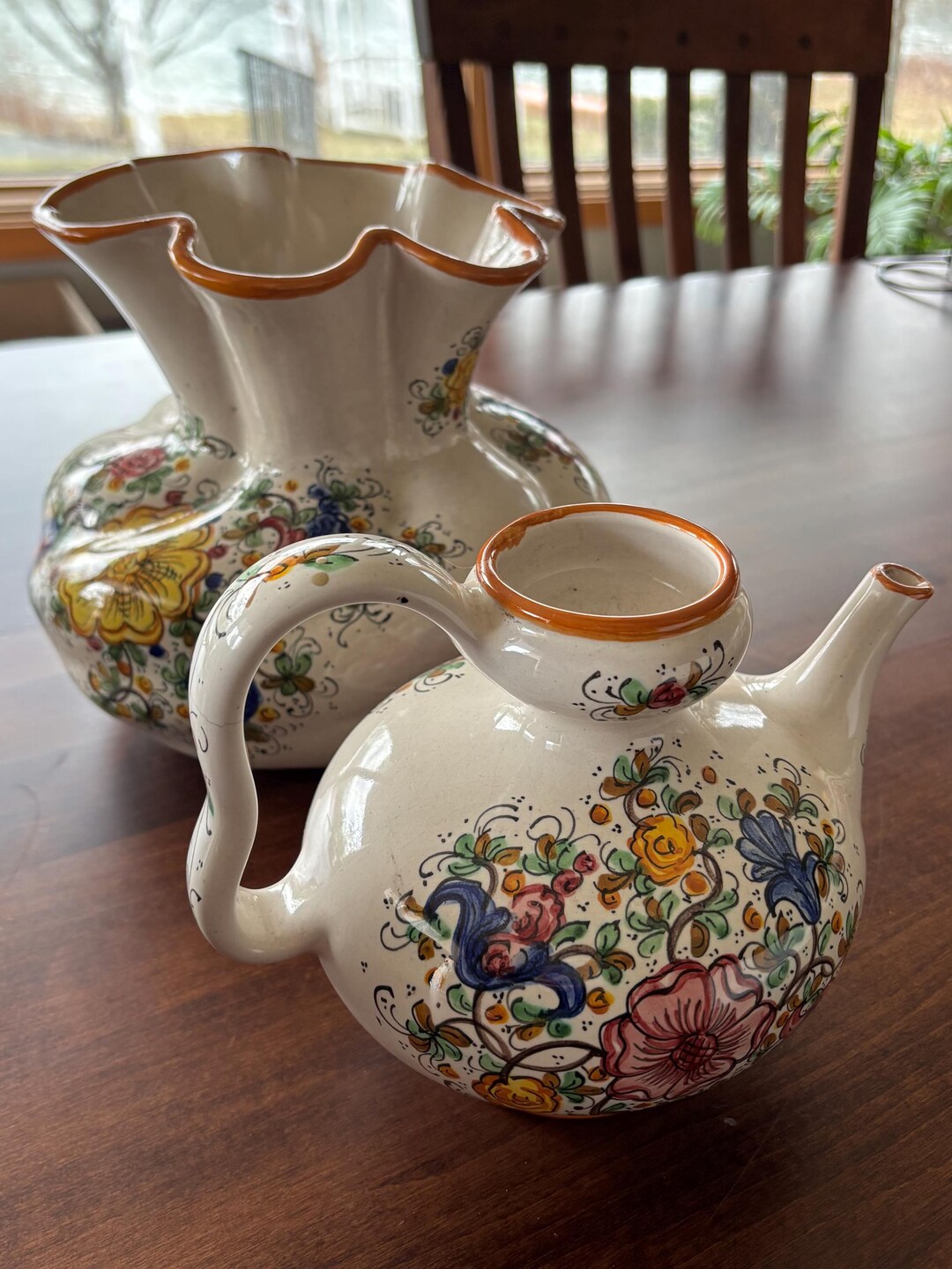Veschini Deruta Italy Hand Painted Vase & Pitcher Set | Vintage Italian ...