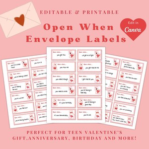 Könnte beinhalten: Druckbare "Open When" Umschlagetiketten in Rosa mit roten Herz- und Lippenillustrationen. Der Text enthält Sätze wie "you're feeling scared" und "it's your birthday". Enthält eine Herzgrafik mit "Edit in Canva".