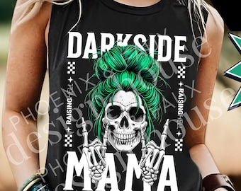 Rocker skelet Mama PNG-bundel, trendy rommelige knot sublimatie, gotische schedel shirtontwerp, edgy mama graphic, esthetische digitale download