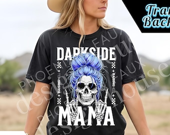 Rocker Mom Skull 24 PNG-bundel Darkside Mama Skeleton Biker Style Messy Bun Sublimatie Edgy Digitale Download Blue Edition Badass Mom Shirt