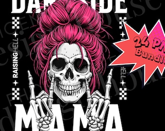 Gothic Mama 24 png-bundel, trendy moeder clipart, rommelige knot schedel afbeelding, edgy rock-'n-roll moedershirtontwerp, sublimatie png