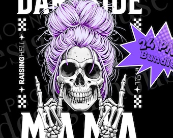 Rock n Roll Skull Mama 24 png-bundel, Darkside Mama, trendy schedelontwerp, edgy skeletshirt, Raising Hell rommelige knot digitale download