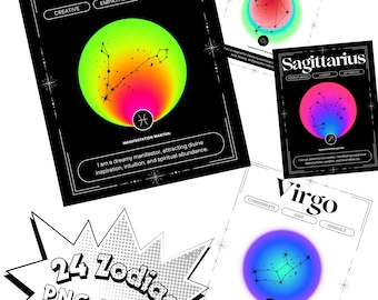 24 sterrenbeelden PNG-bundel, astrologie sterrenbeeld graphics, kosmisch sublimatieontwerp (digitale download)