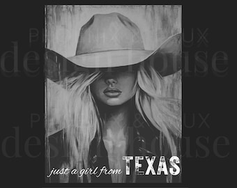 Texas Cowgirl PNG, Just a Girl from Texas Shirt Design, westerse sublimatieafbeelding, vintage cowgirl-portret, plattelandsmeisje digitale download