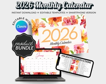 Bloemenkalender 2026 | Afdrukbare maandplanner, canvasjabloon (digitale download)