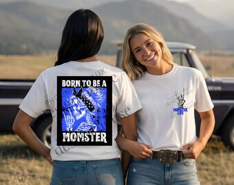 Trendy skelet moeder png-ontwerpbundel, rommelige knot digitale download, Born To Be A Momster, rock-on-hand zakshirt, edgy mama-shirtafbeelding