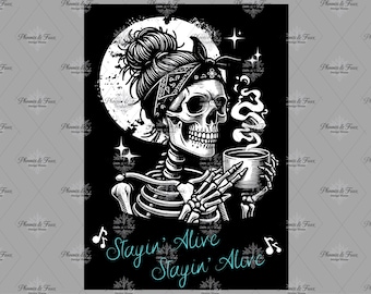 Stayin' Alive skelet PNG-bundel, koffieskelet shirtontwerp, rommelige knot digitale download, retro western boho-schedelontwerp, gotische moeder png