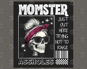 Momster digitale download png, sarcastische moederschedel shirtontwerp, gespannen moeder leven png, rommelig broodje skelet grafisch T-shirt, trendy retro mama png