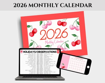 Maandkalender 2026, thema roze kers, canva bewerkbaar (digitale download)