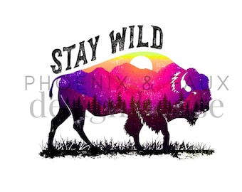 Stay Wild Bison PNG: Retro Sunset Mountain-afbeelding (digitale download)