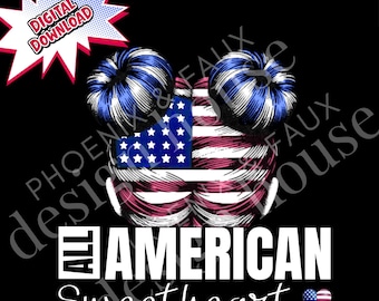 All American Sweetheart PNG, Patriotic Messy Bun Clipart (Digital Download)
