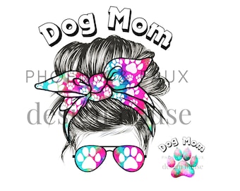 Dog Mom PNG Bundle, Watercolor Paw Print, Messy Bun Graphic (Digital Download