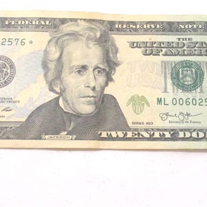 May include: A twenty-dollar Federal Reserve Note featuring a portrait of Andrew Jackson in the center. The bill includes the text United States of America, Twenty Dollars, and the serial number ML 00602576 with a star symbol at the end.