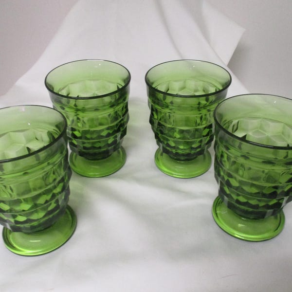 Juego de 4 vasos de jugo vintage de Indiana Glass Whitehall con pie, color verde aguacate, 10,8 cm de alto.