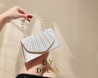Bolso de mano con asa de perla plateada, bolso de noche plisado para novia, elegante bolso para invitados de boda.
