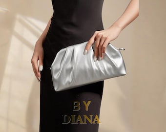 Silberne Leder Clutch Tasche Minimal Abend Handtasche Chic Beutel