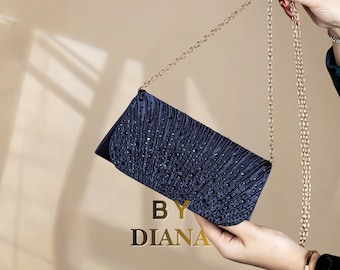 Navy Rhinestone Pleated Clutch – Elegant Gold Chain Party Bag