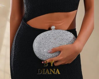 Bolso de mano de noche elegante con diamantes de imitación plateados para bodas y fiestas nupciales.