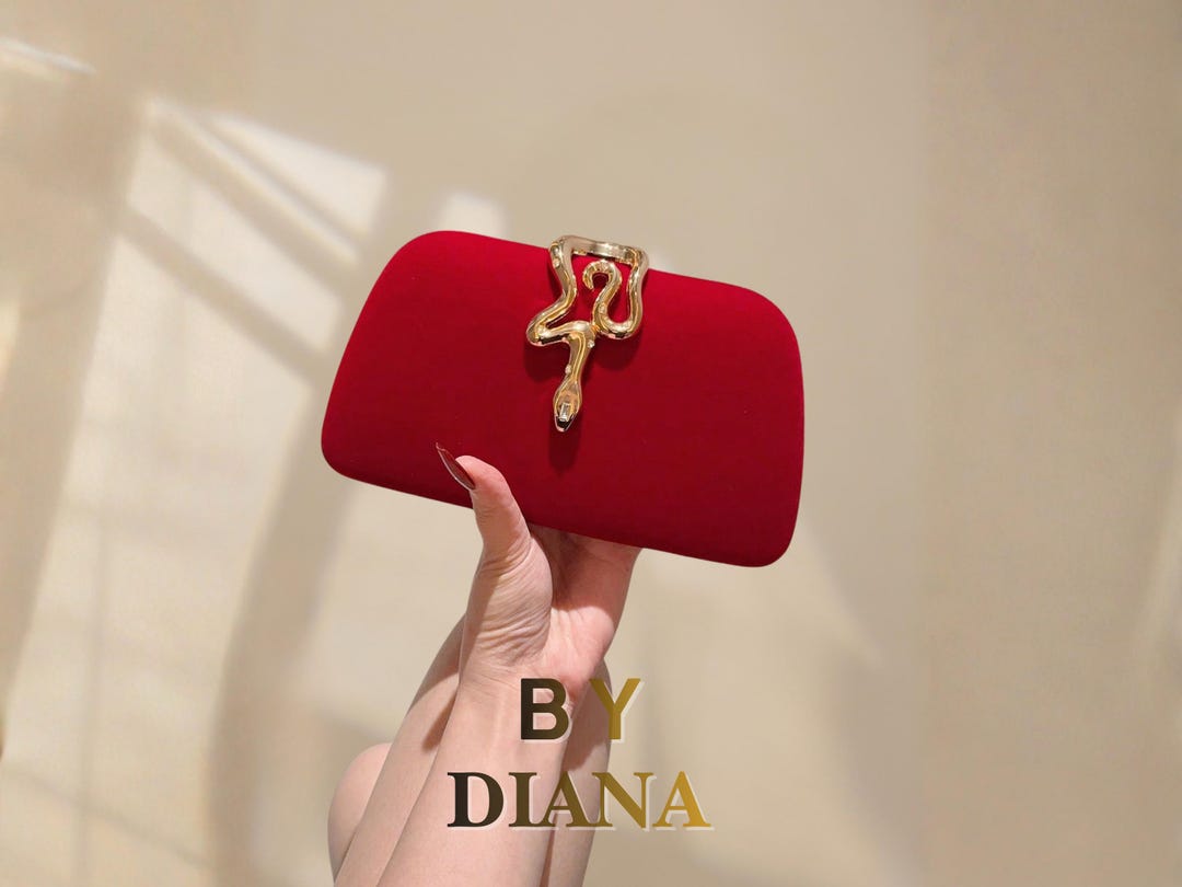 Red Velvet Evening Clutch Bag Gold Statement Clasp Luxury Wedding Party ...