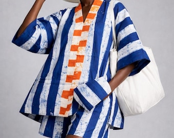 Adire Batik| Shorts mit weitem Bein & Boubou-Oberteil| 2-teilig