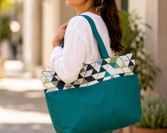 Handmade Canvas Zipper Tote Bag, Geometric Accent, Everyday Work Shoulder Bag