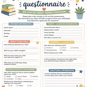 Może przedstawiać: Formularz kwestionariusza dla rodziców z tytułem PARENT questionnaire oraz tekstem WE CAN DO GREAT THINGS TOGETHER. Dokument zawiera sekcje dotyczące informacji o uczniu, danych rodziców, preferencji edukacyjnych oraz komunikacji.