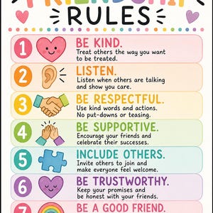 May include: A colourful educational poster titled Friendship Rules with seven numbered points. Each point features a pastel-coloured bar, an icon, and text: 1. Be Kind, 2. Listen, 3. Be Respectful, 4. Be Supportive, 5. Include Others, 6. Be Trustworthy, 7. Be a Good Friend.