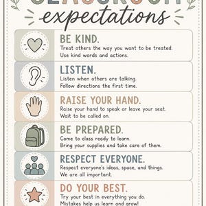 Peut inclure: Une affiche rectangulaire de règles de classe sur fond crème avec des accents aux tons terreux. Elle liste six règles : Be Kind, Listen, Raise Your Hand, Be Prepared, Respect Everyone et Do Your Best, chacune accompagnée d'une icône.