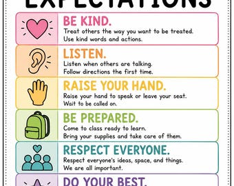 Può includere: Un poster rettangolare con le aspettative per la classe su sfondo bianco e bordo colorato. Elenca sei regole: Be Kind, Listen, Raise Your Hand, Be Prepared, Respect Everyone e Do Your Best, ognuna con un'icona e del testo corrispondente.