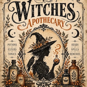 以下が含まれることがあります： Witches Apothecaryと題されたヴィンテージ風のポスター。つばの広い帽子をかぶった人物のシルエットが光るボトルを持ち、そのそばにカラスが描かれています。ポーション、エリクサー、トニック、ハーブ、呪文、レメディという文字が記されています。