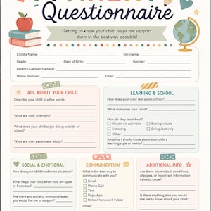 Pode incluir: Um questionário para pais com seções para detalhes da criança, aprendizagem, aspectos sociais, emocionais e comunicação. O documento inclui ilustrações de um lápis, maçã, globo, mochila e planta com uma paleta de cores suave.