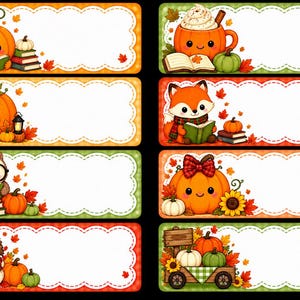 Può includere: Un set di otto etichette rettangolari con bordi bianchi smerlati, ognuna con illustrazioni a tema autunnale tra cui zucche, una volpe, un gufo, un riccio, libri, girasoli e un carretto di legno su sfondi colorati a motivi.