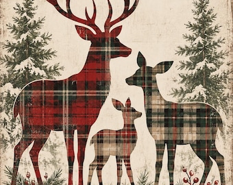 Printable Flannel Reindeer Wall Art | Farmhouse | Home Decor | Christmas Trees | Digital Download